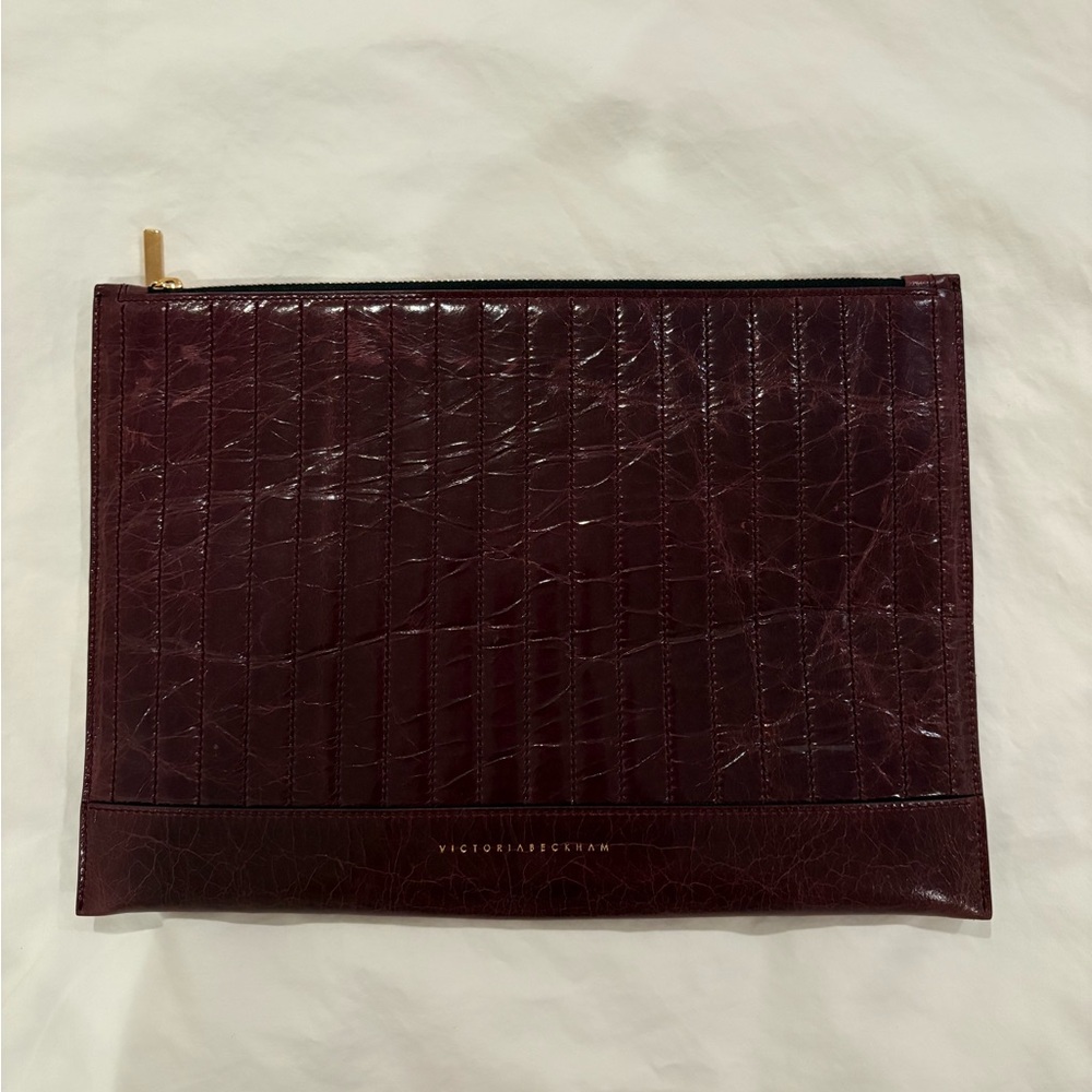 Victoria Beckham Burgundy Croc-Embossed Leather Wristlet Clutch